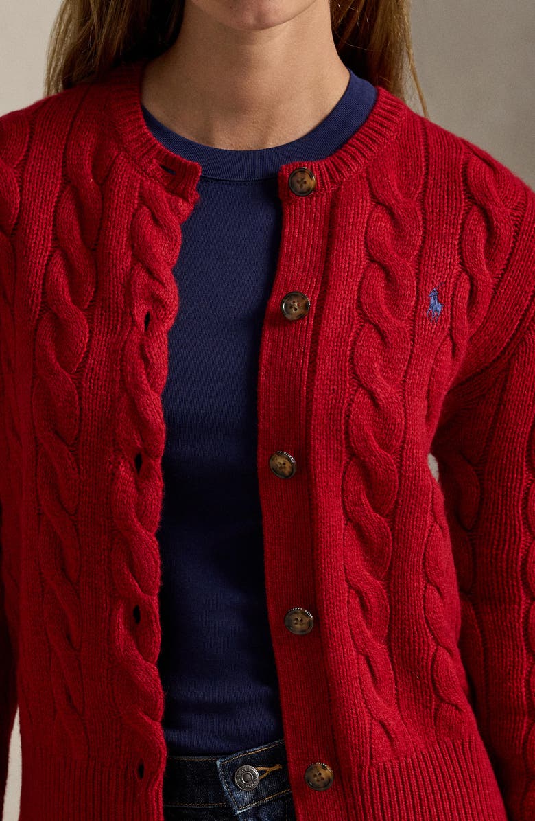 Polo Ralph Lauren Cable Knit Wool & Cashmere Cardigan, Alternate, color, Fireside Red