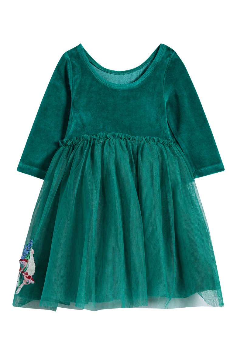 Kids' Appliqué Long Sleeve Velvet & Tulle Dress, Alternate, color, ALPINE GREEN WOODLAND ANIMALS
