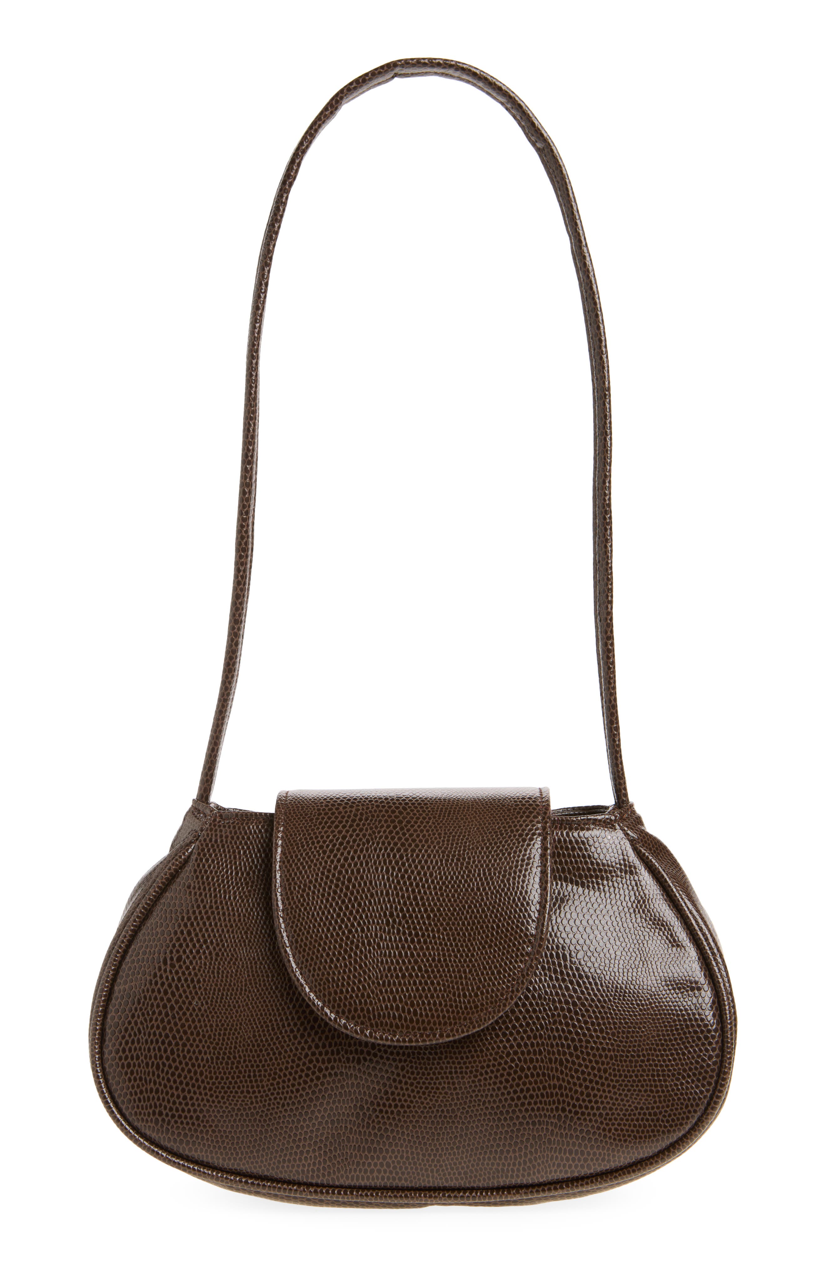 Ineva Faux Leather Lizard Embossed Baguette Bag, Main, color, BROWN