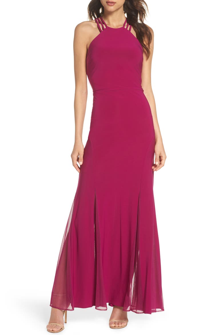 Strappy Back Trumpet Gown, Main, color, BERRY