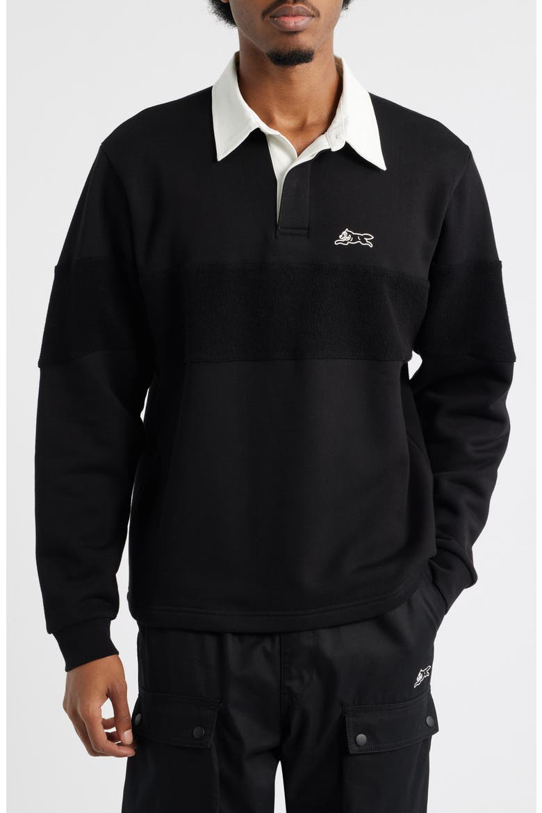 Box Fit Punchy Long Sleeve Cotton French Terry Polo, Main, color, BLACK
