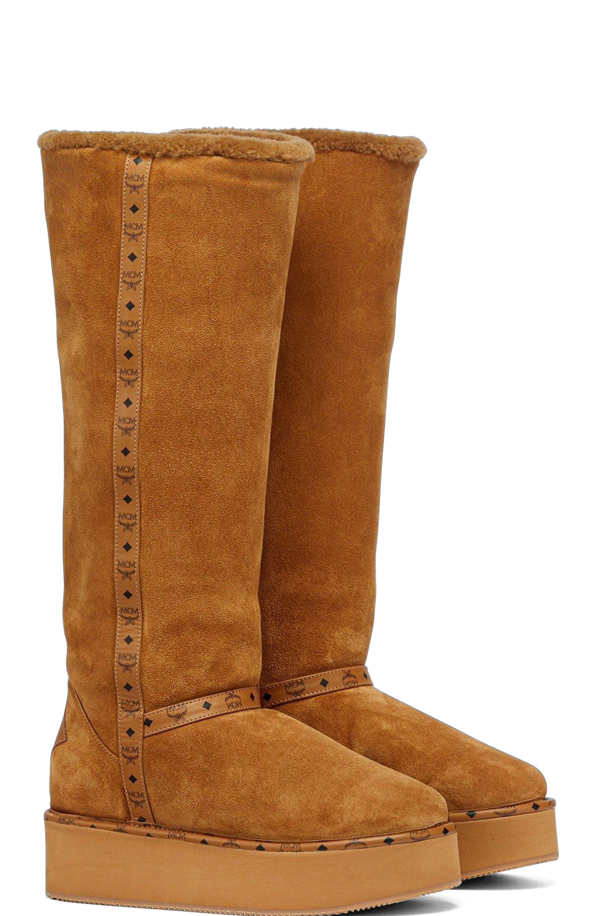 MCM Women's Boots in Calfskin Suede Leather, Main, color, Cognac