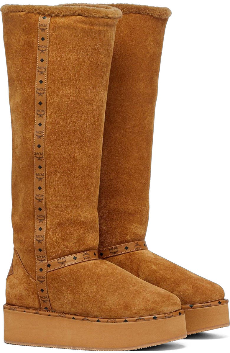 MCM Women's Boots in Calfskin Suede Leather, Main, color, Cognac