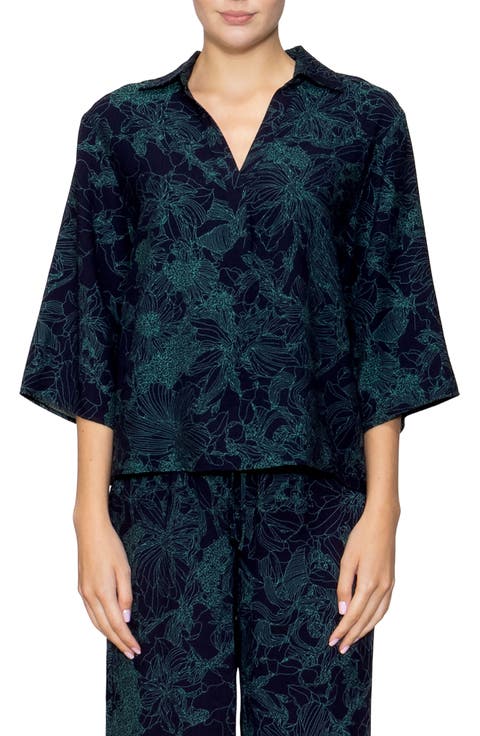 Print Three-Quarter Sleeve Woven Top