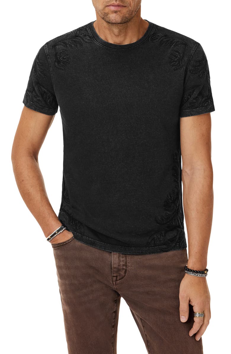 John Varvatos Floral Embroidered Organic Cotton T-Shirt, Main, color, Black