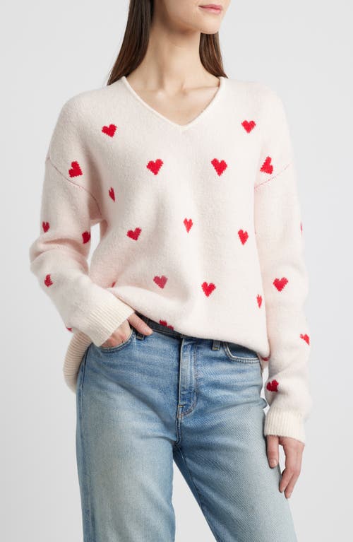 Bobeau Hearts Jacquard V-Neck Sweater in Light Pink/Red 