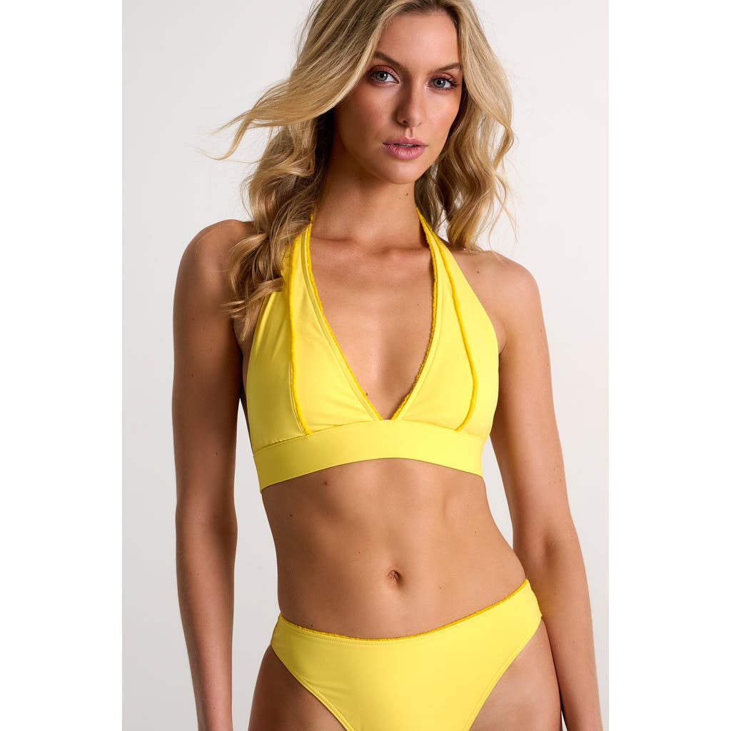 SHAN SHAN HALTER TRIANGLE BIKINI TOP WITH FRAYED DETAILS