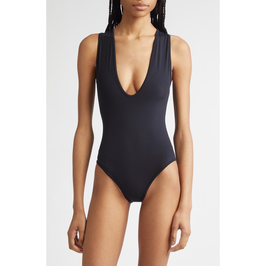 Loulou De Saison Gianna Plunge Neck One-piece Swimsuit In Blue