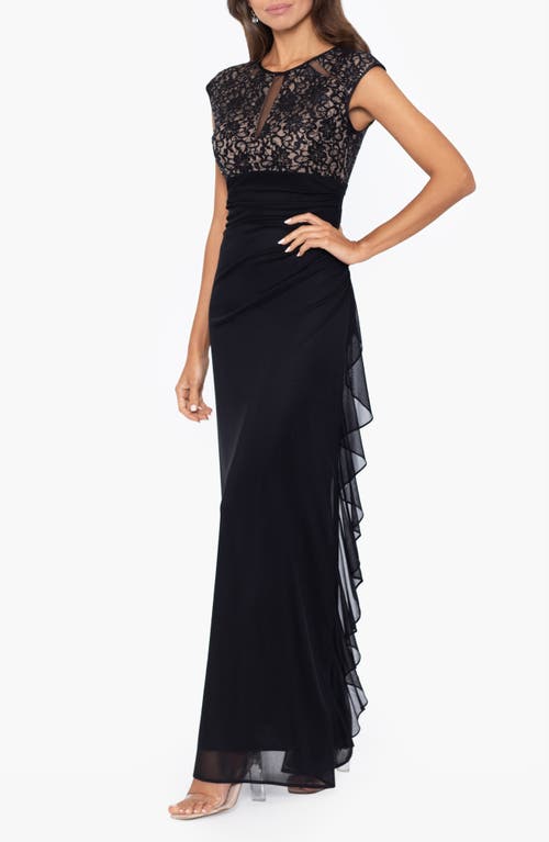 BETSY & ADAM BETSY & ADAM LACE BODICE SIDE RUFFLE GOWN 