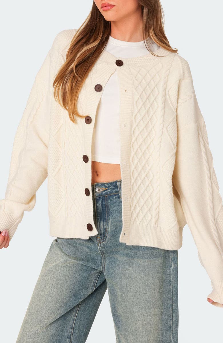 EDIKTED Rory Oversize Cable Stitch Cardigan, Alternate, color, Cream