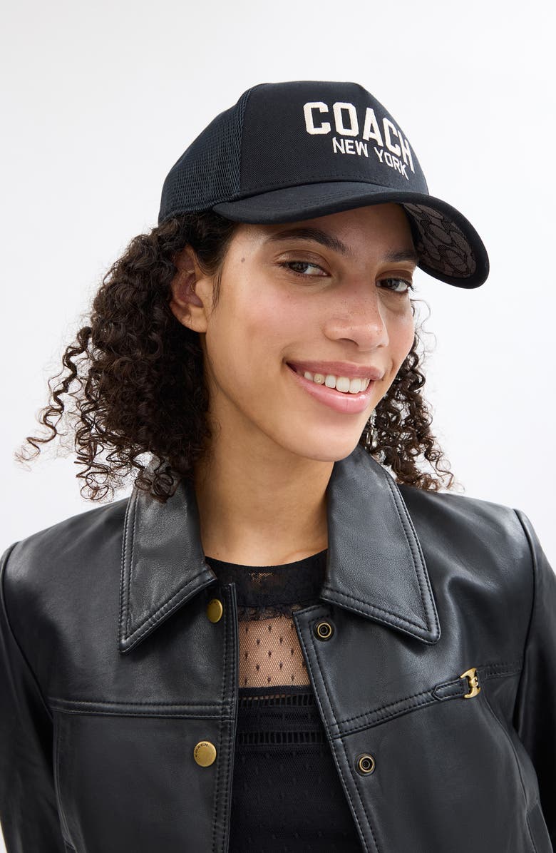 COACH Logo Cotton Twill Trucker Hat, Alternate, color, Black