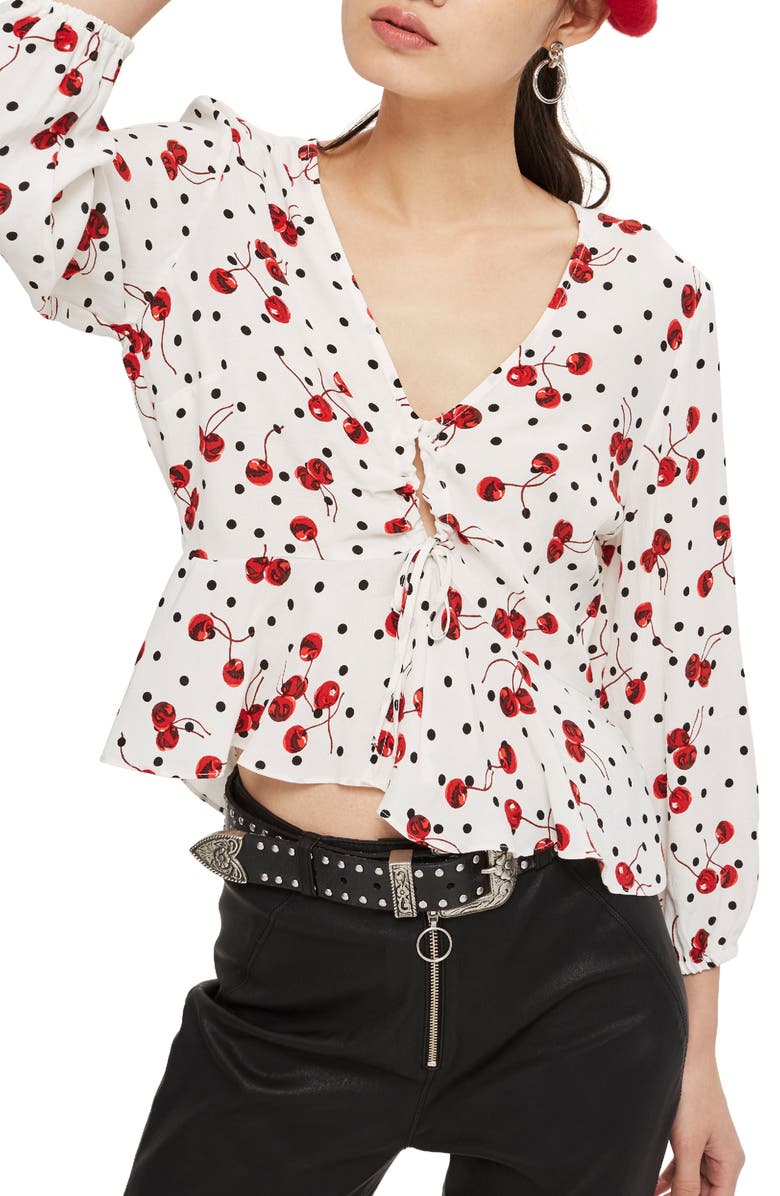 Topshop Cherry Spot Print Blouse, Main, color,