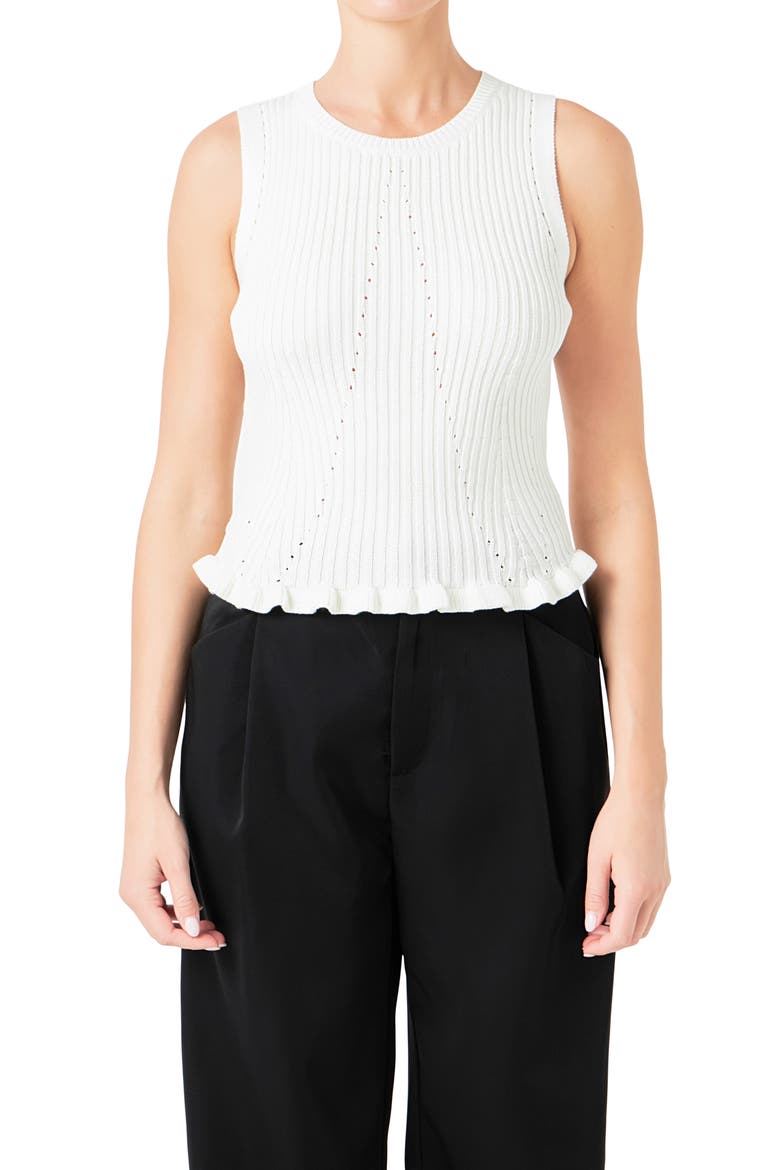 Frill Detail Rib Sleeveless Knit Top, Alternate, color, OFF WHITE