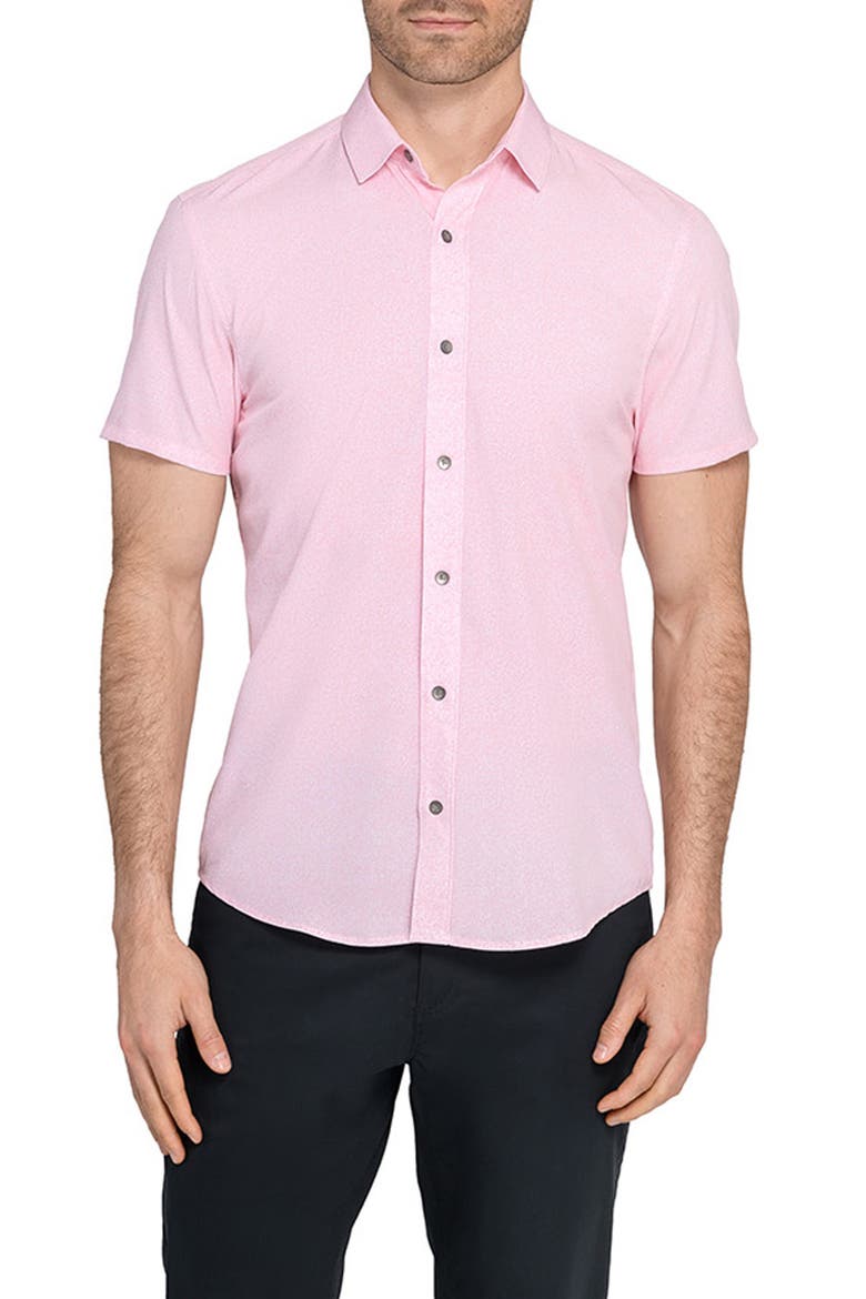 Trim Fit Short Sleeve Performance Button-Up Shirt, Main, color, CORAL