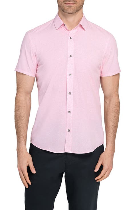 Cross Hatch Microprint Short Sleeve Performance Button-Up Shirt