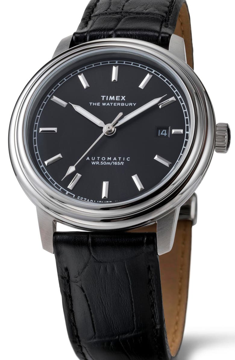 Timex<sup>®</sup> Waterbury Metropolitan Automatic Leather Strap Watch, 41mm, Alternate, color, Black
