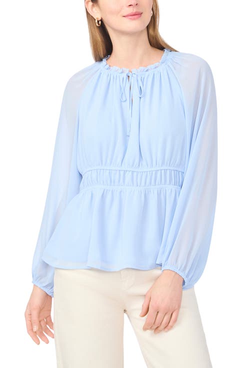 Semi Sheer Long Sleeve Peplum Top