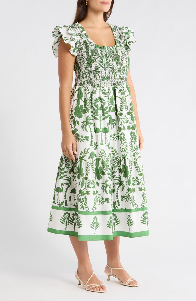 SUGARLIPS Double Ruffle Smocked Bodice Midi Sundress, Alternate, color, White/ Green