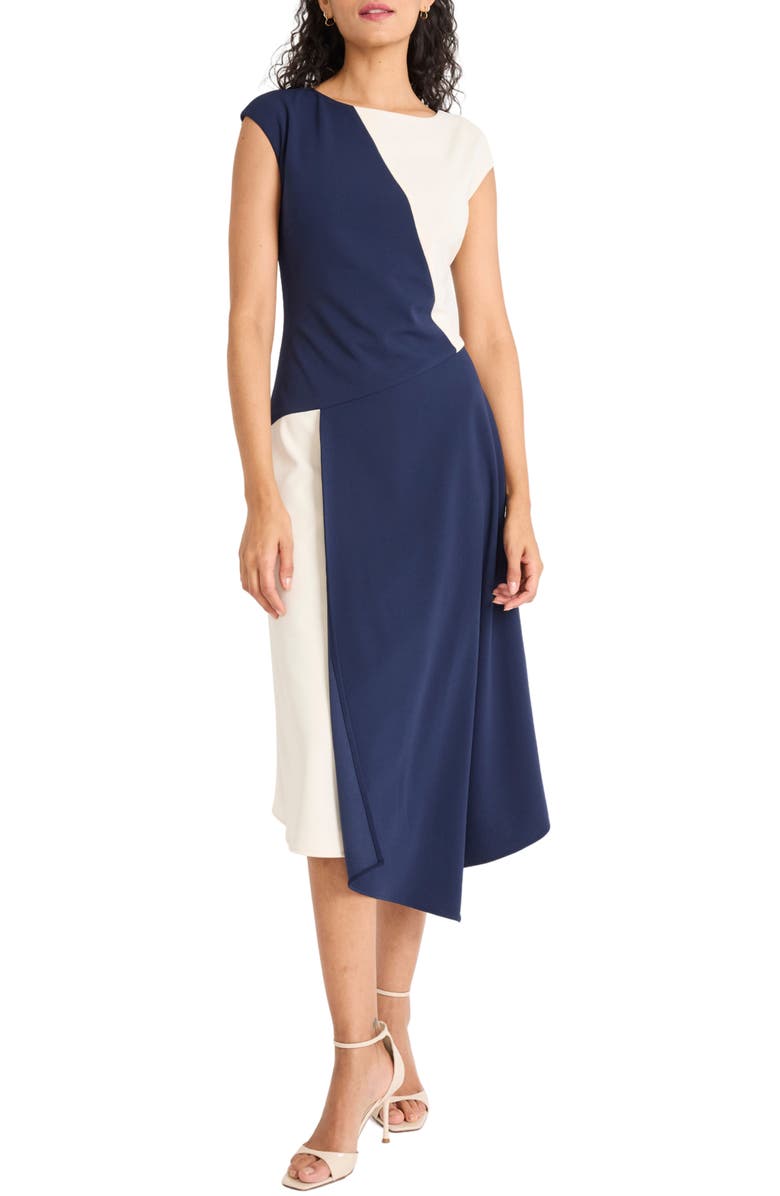 Maggy London Colorblock Cap Sleeve Asymmetric Hem Midi Dress, Main, color, Navy Blazer