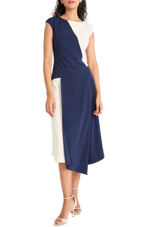 Colorblock Cap Sleeve Asymmetric Hem Midi Dress