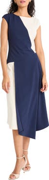 Maggy London Colorblock Cap Sleeve Asymmetric Hem Midi Dress