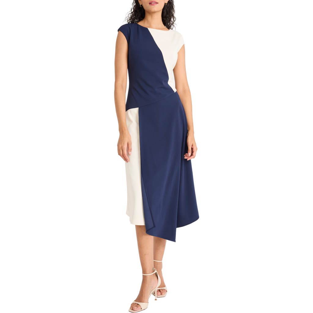 Maggy London Colorblock Cap Sleeve Asymmetric Hem Midi Dress In Blue