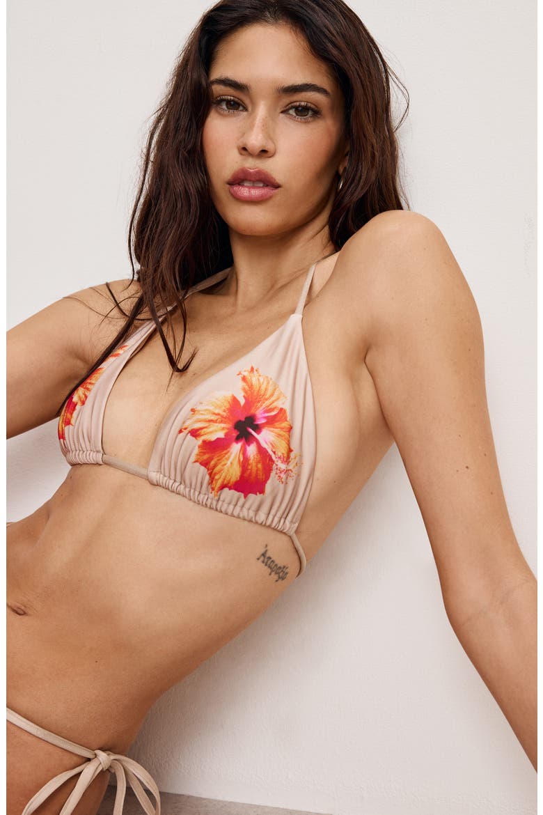 Satin Tiny Ties Triangle Bikini Top, Alternate, color, CHAMPAGNE TROPICAL HIBISCUS001