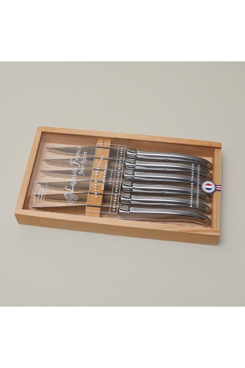 Platine 6 Piece Steak Knife Set in Wood Box with Acrylic Lid, Alternate, color, Platine Stainless Steel