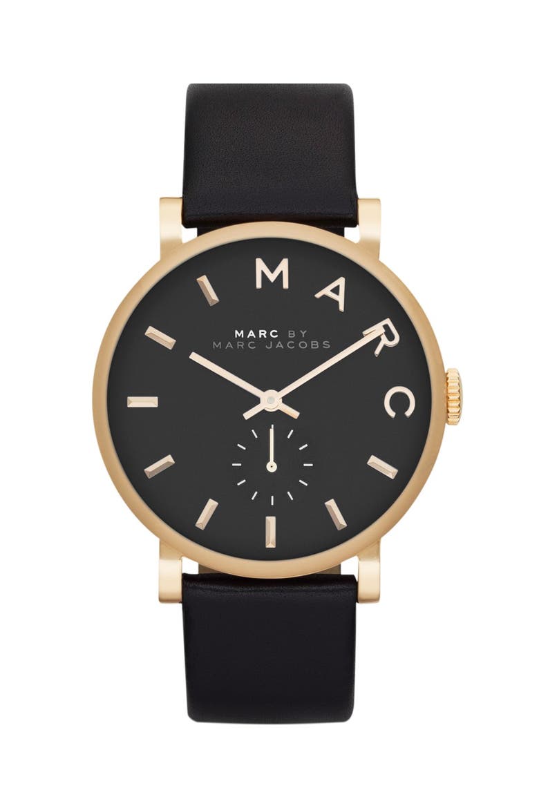 'Baker' Leather Strap Watch, 37mm, Alternate, color, BLACK/ GOLD