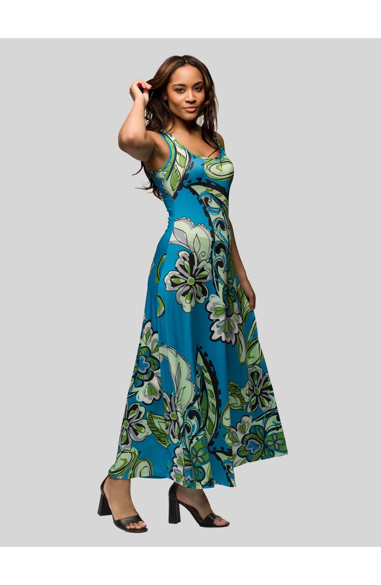 24seven Comfort Apparel Blue Paisley Print Scoop Neck A-Line Sleeveless Maxi Dress, Alternate, color, Blue Multi
