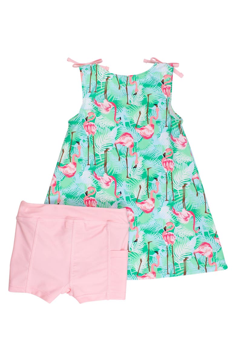 RuffleButts UPF50+ Active A-Line Bow Dress & Bike Short Set, Alternate, color, Green Vibrant Flamingo
