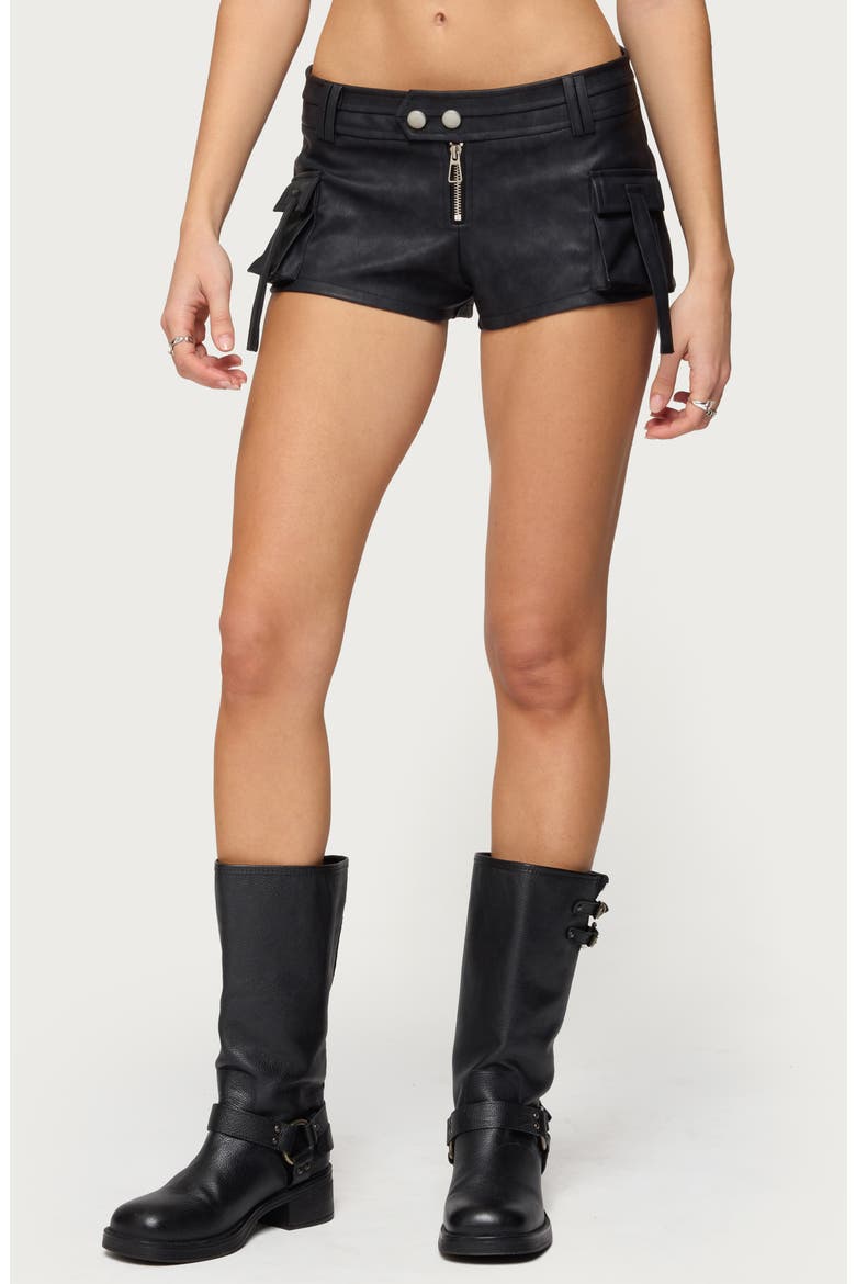 Faux Leather Micro Cargo Shorts, Main, color, BLACK