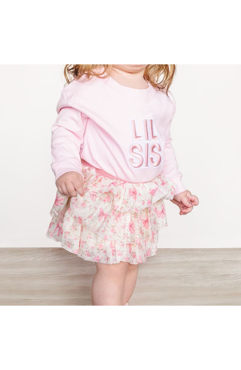 Sweet Wink Lil Sis Embroidered Patch Long Sleeve Romper, Alternate, color, Ballet Pink