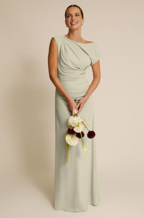 Slash Neck Draped Bridesmaid Dress