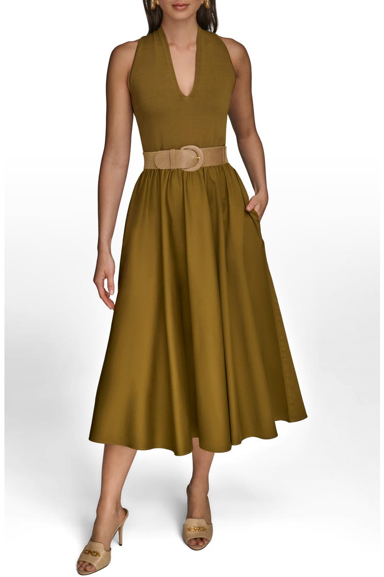 Sleeveless Belted Mixed Media Midi Dress, Main, color, SMOKY OLIVE