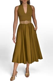 Donna Karan New York Sleeveless Belted Mixed Media Midi Dress
