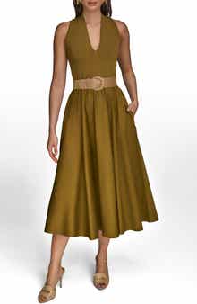 Donna Karan New York Sleeveless Belted Mixed Media Midi Dress