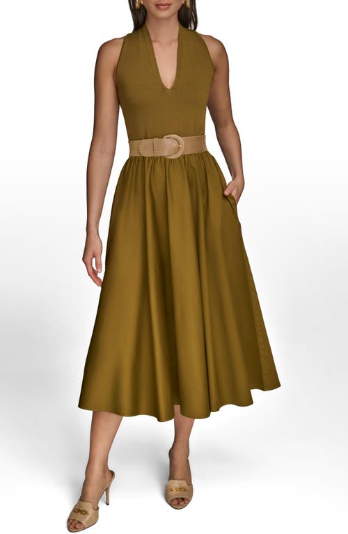Donna Karan New York Sleeveless Belted Mixed Media Midi Dress In Green