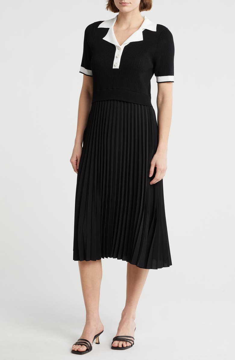 Nanette Lepore Mix Media Knit Pleated Midi Dress, Main, color, 