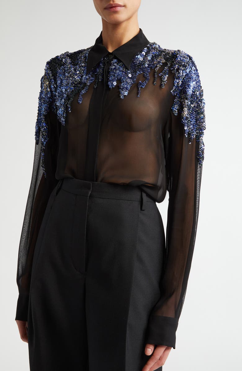 Dries Van Noten Chowy Sequin Embellished Sheer Chiffon Button-Up Shirt, Alternate, color, Black