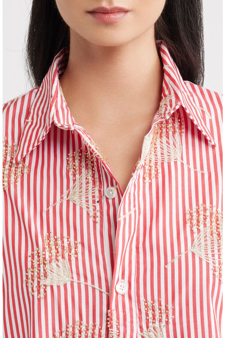Beaded Oversized Striped Cotton Shirt, Alternate, color, GOLD BEADED RED STRIPE