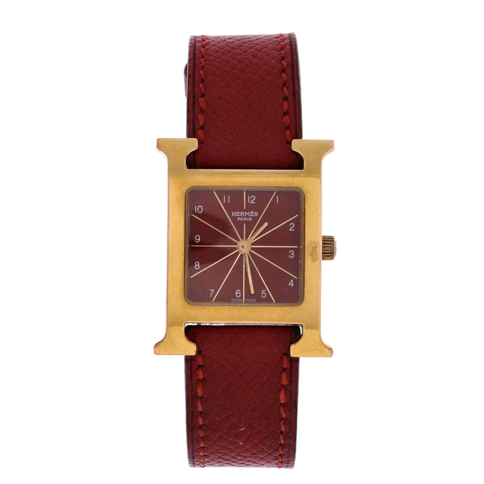 Pre-Owned Hermes Heure H Quartz Watch Plated Metal and Leather 21, Main, color, Red