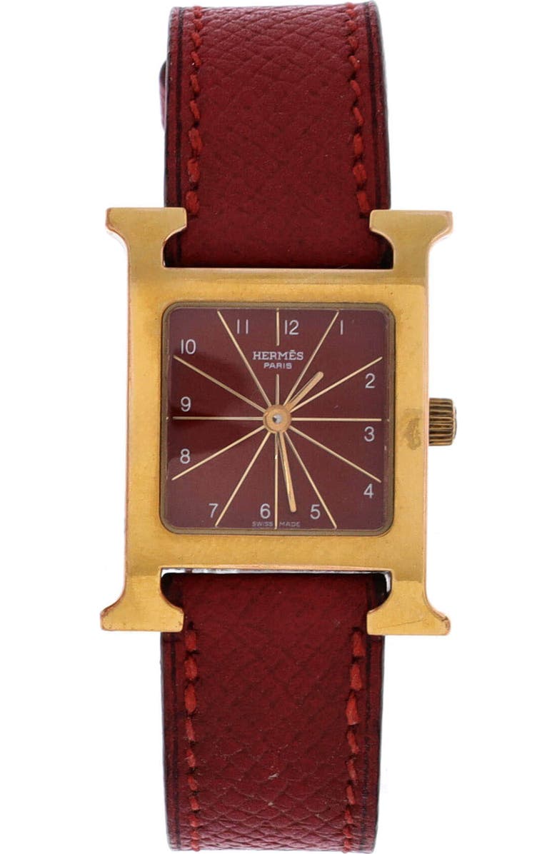 Pre-Owned Hermes Heure H Quartz Watch Plated Metal and Leather 21, Main, color, Red
