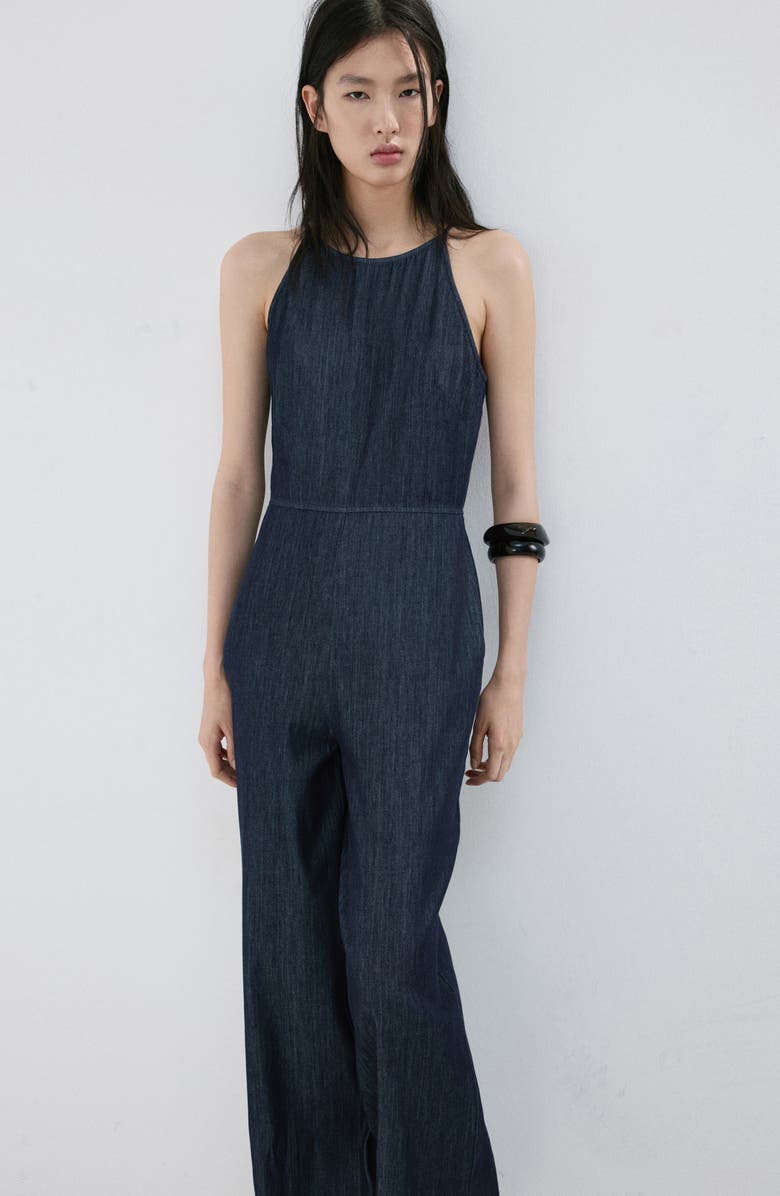 MANGO Chambray Wide Leg Jumpsuit, Alternate, color, Open Blue