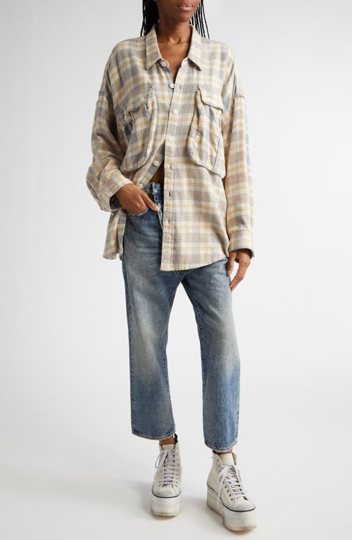 R13 Oversize Pocket Drop Neck Flannel Button-up Shirt In Cream/blue Plaid