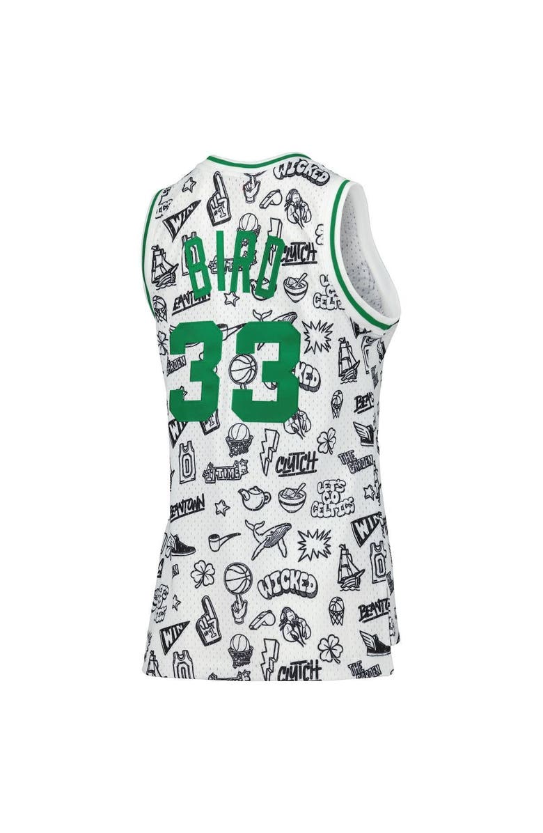 Mitchell & Ness Women's Mitchell & Ness Larry Bird White Boston Celtics 1985 Doodle Swingman Jersey, Alternate, color,