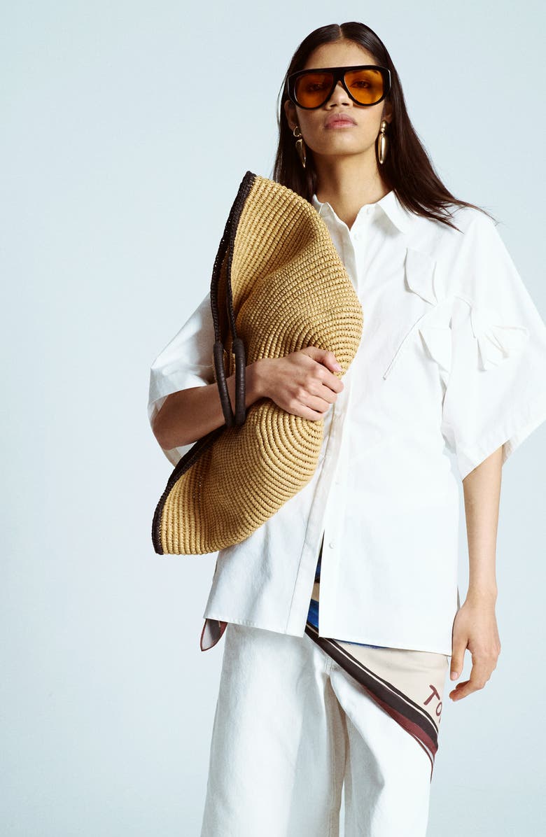 Topshop Floral Appliqué Cotton Resort Shirt, Alternate, color, White