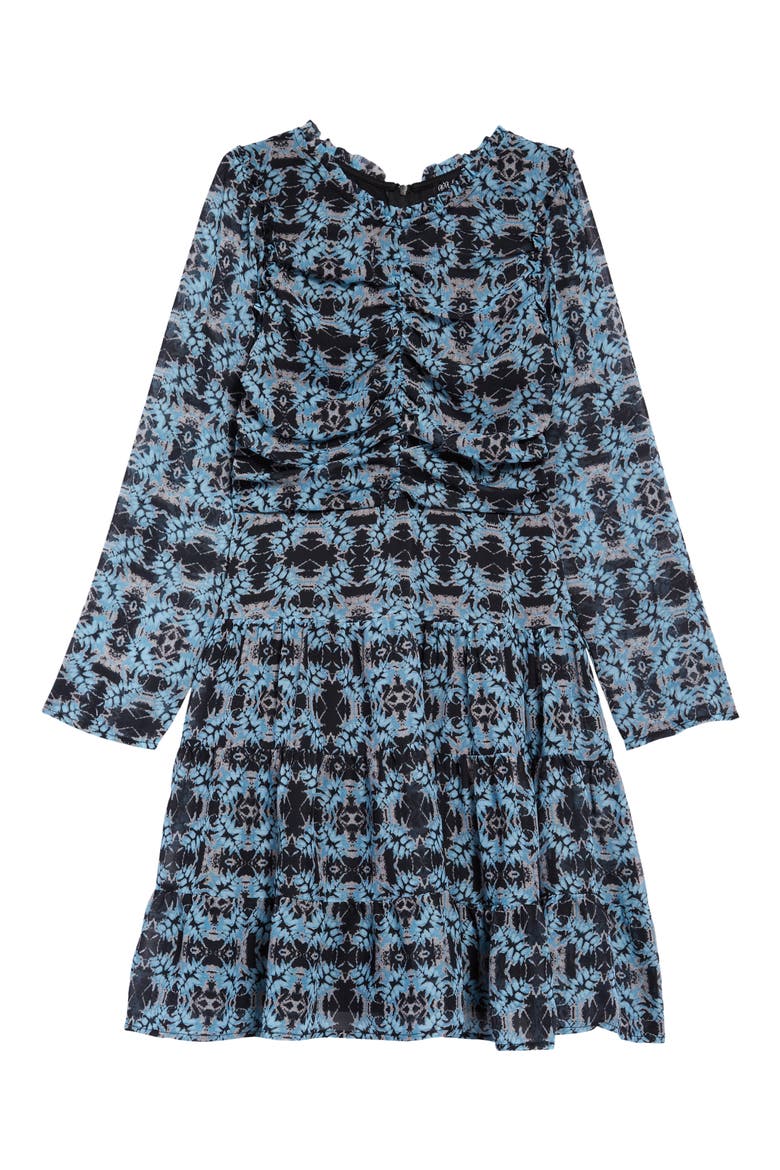 Kids' Long Sleeve Tiered Dress, Main, color, BLACK/BLUE