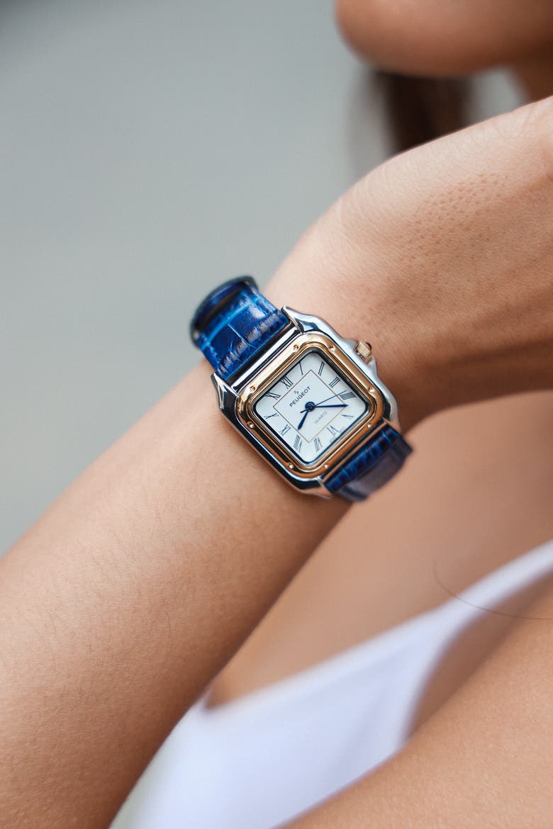 Slim Leather Tank Watch- 36MM, Alternate, color, Blue