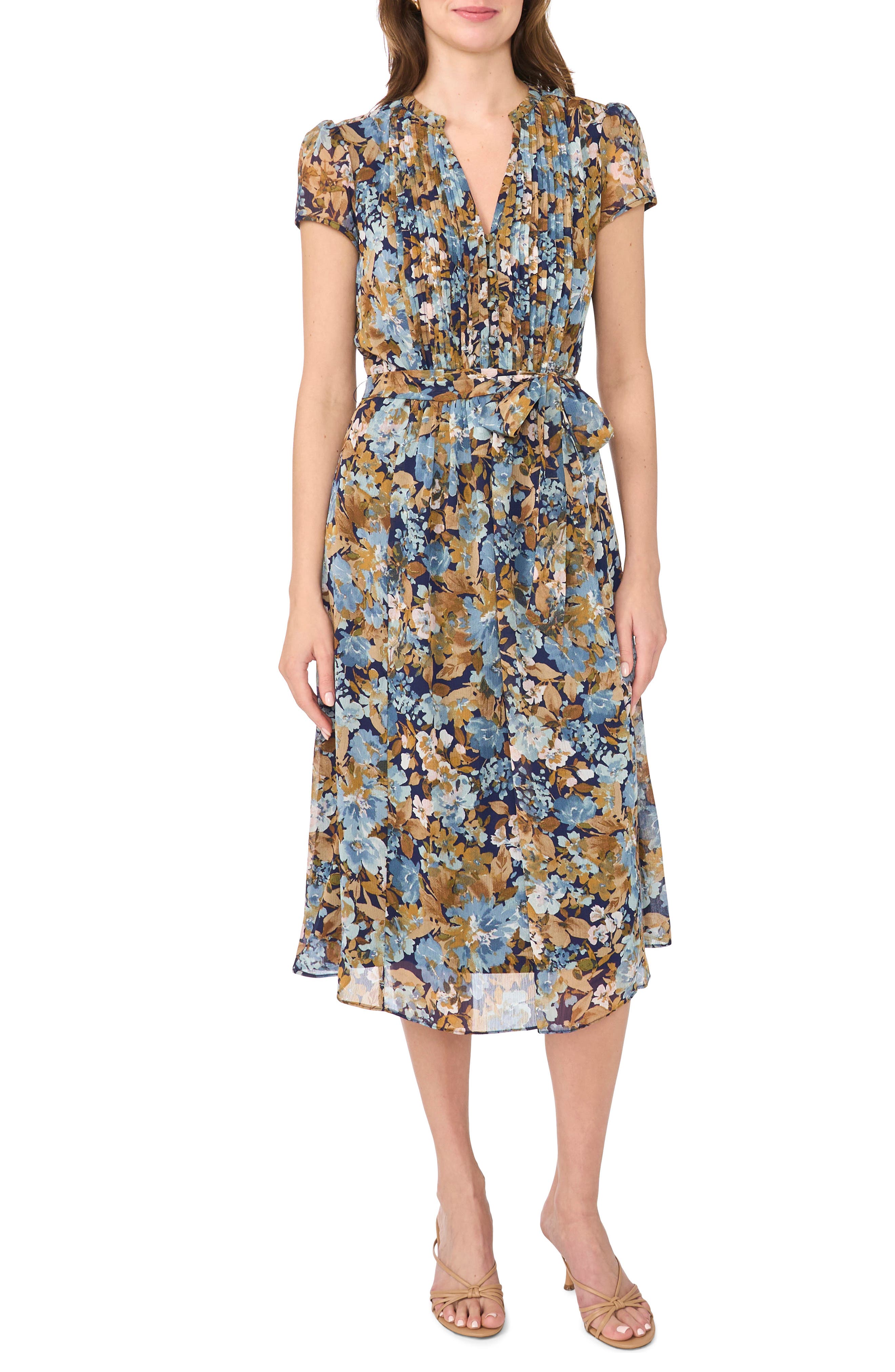 Halogen ® Cap Sleeve Pintuck Midi Dress In Blue Multi